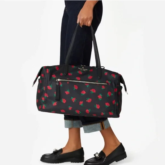 ♠️kate spade Chelsea Red Rose Toss Floral Printed Nylon Weekender, Black NWT